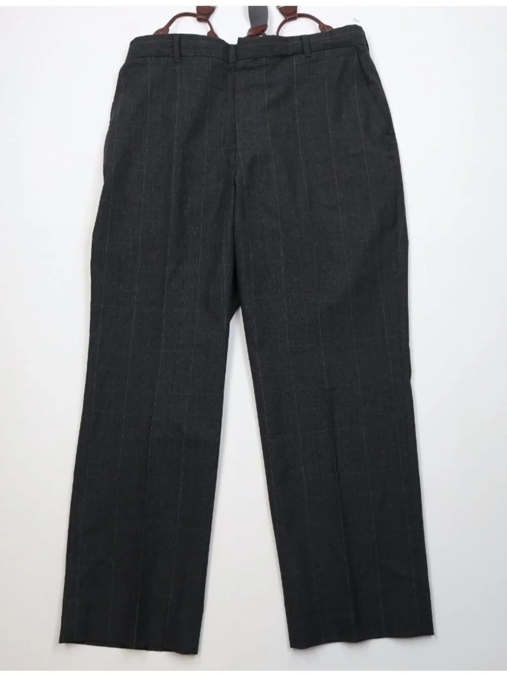 Vintage 70s Mens 46R 2 Piece Wool Suit Wide Leg Gray Plaid Suspenders 34x29 USA
